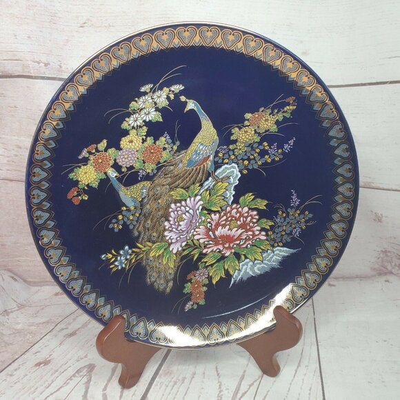 10 1/2" MCI Japan Vintage Japanese Peacock Plate Blue With Gold Trim Border  - Picture 6 of 12